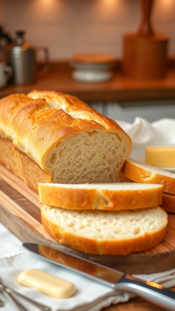 No-Yeast Homemade Sandwich Bread Recipe Freshly baked no-yeast sandwich bread loaf sliced on a wooden board with butter.